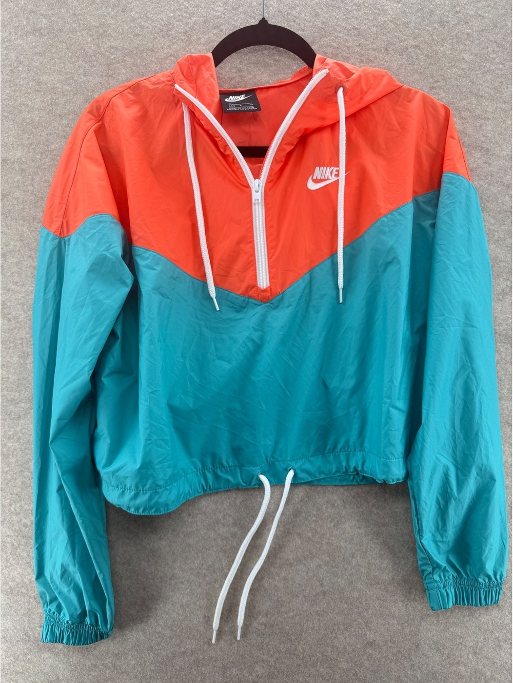 Nike Sportswear Womens Coral Teal Cropped Hooded Half Zip Windbreaker Small